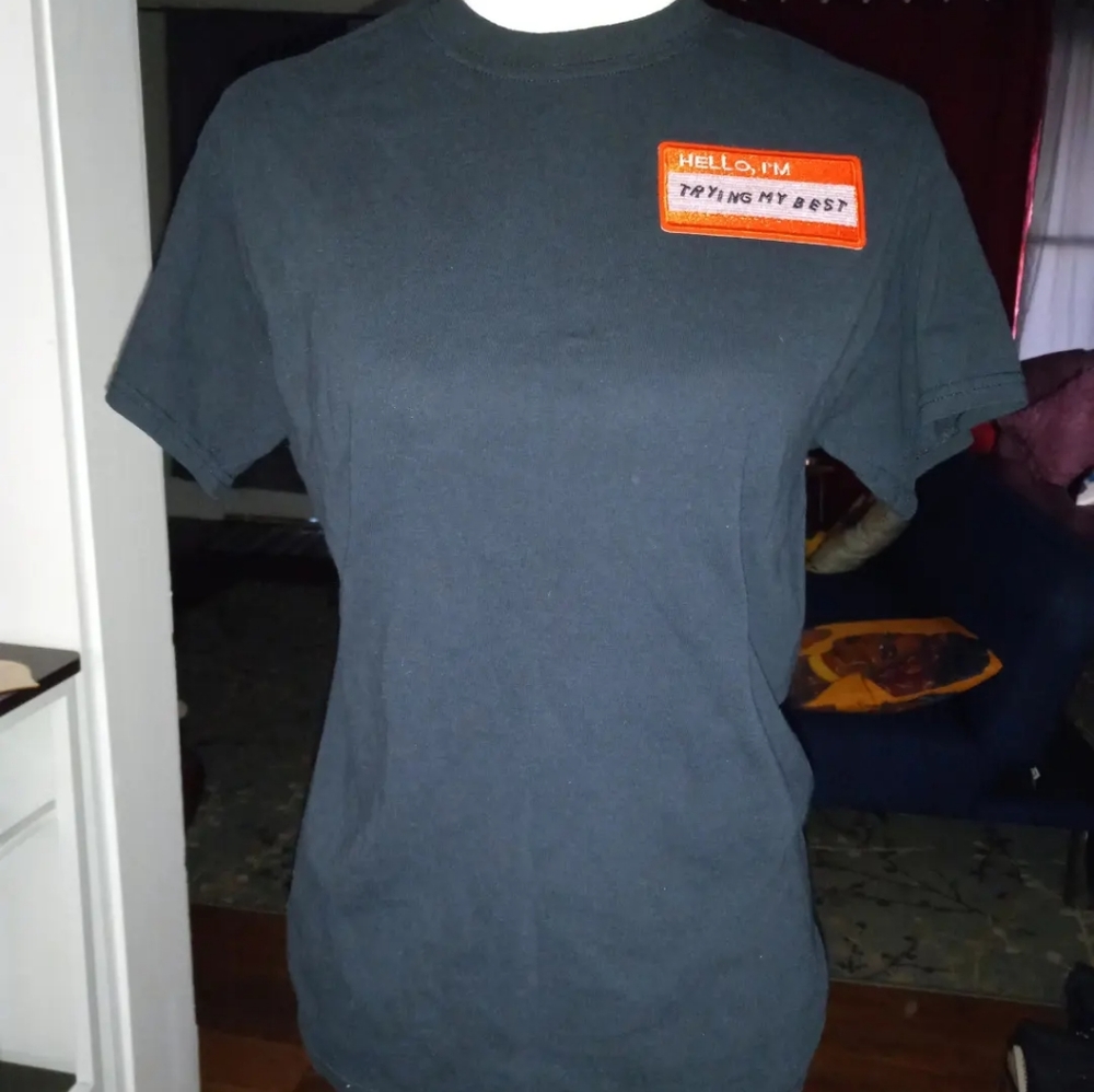 Upcycled Black t shirt, with "Im doing my best" NamePatch.